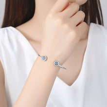 Load image into Gallery viewer, Blue Enamel and White Stone Dual Evil Eye Open Cuff Silver Bracelet - BraceletSilver
