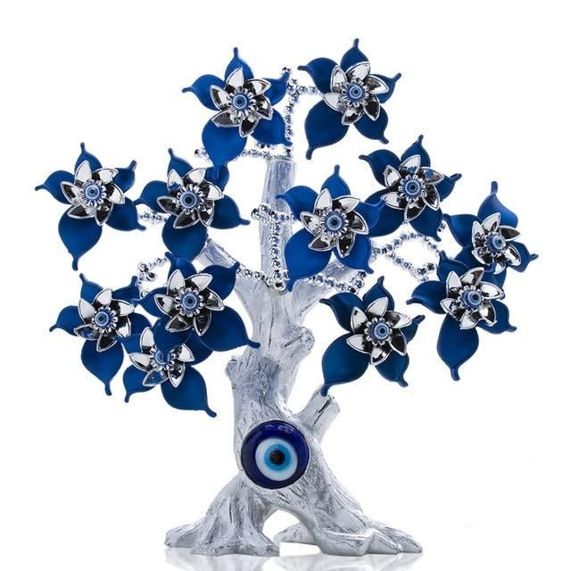 Blue Flower Evil Eyes on Feng Shui Tree of Life Evil Eye Desktop Ornament - Ornament
