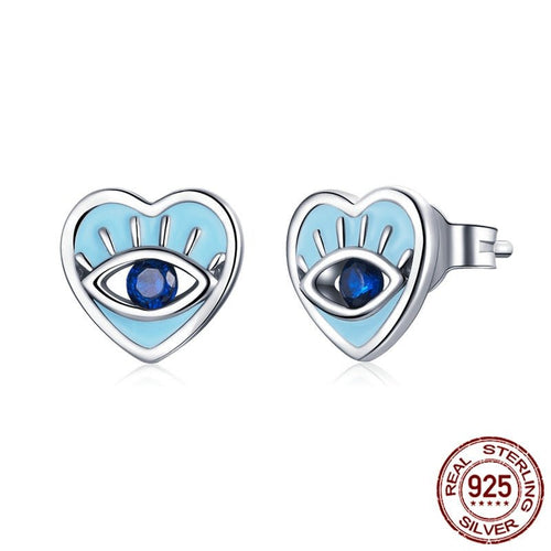 Blue Heart Evil Eye Silver Earrings - Earrings