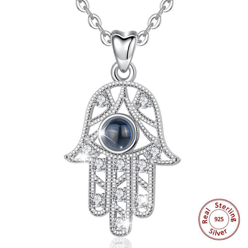 Blue Stone Evil Eye Design Hamsa Hand Silver Necklace - Necklace