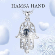 Load image into Gallery viewer, Blue Stone Evil Eye Design Hamsa Hand Silver Necklace - Necklace

