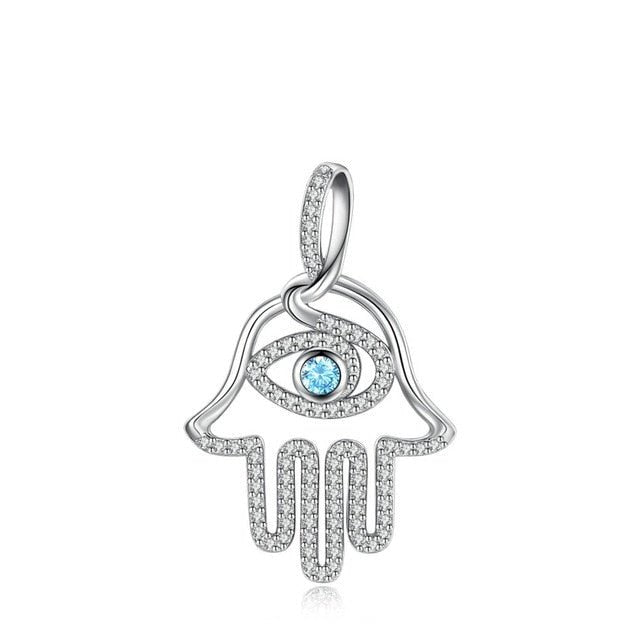 Blue Stone Evil Eye in Hamsa Hand Silver Pendant and Necklace - NecklaceOnly Pendant