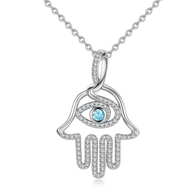 Blue Stone Evil Eye in Hamsa Hand Silver Pendant and Necklace - NecklacePendant and Chain