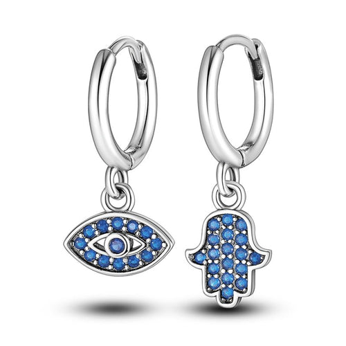 Blue Stone Hamsa Hand and Evil Eye Combination Earrings - Earrings