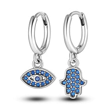 Load image into Gallery viewer, Blue Stone Hamsa Hand and Evil Eye Combination Earrings - Earrings

