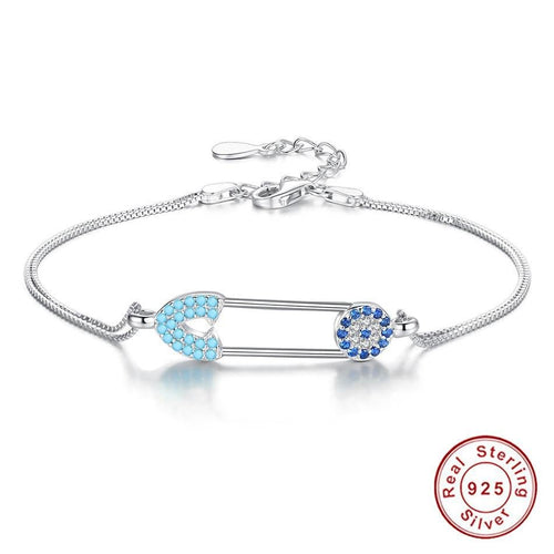 Blue Stone Safety Pin Evil Eye Silver Bracelet - Bracelet