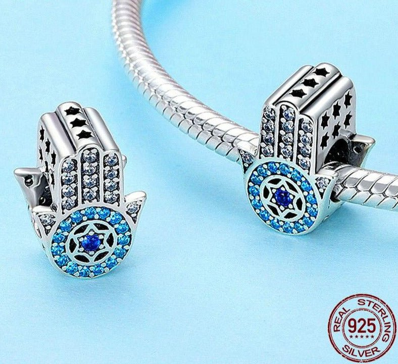 Blue Stone Star Design Hamsa Hand Silver Charm Bead - Charm Bead