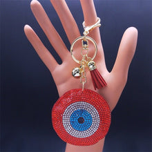 Load image into Gallery viewer, Blue Stone Studded Evil Eye and Hamsa Hand Keychain - KeychainRed
