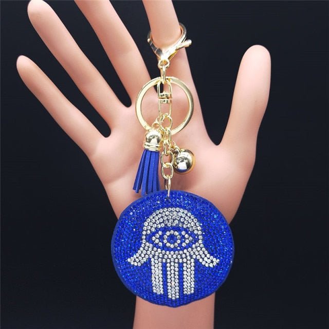 Blue Stone Studded Evil Eye and Hamsa Hand Keychain –