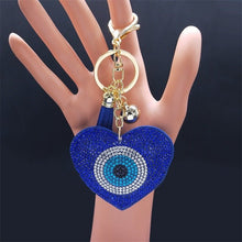 Load image into Gallery viewer, Blue Stone Studded Evil Eye and Hamsa Hand Keychain - KeychainBlue Heart
