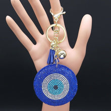 Load image into Gallery viewer, Blue Stone Studded Evil Eye and Hamsa Hand Keychain - KeychainBlue
