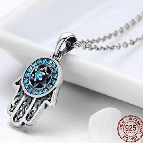 Blue Stone Studded Hamsa Hand Evil Eye Silver Necklace - Necklace