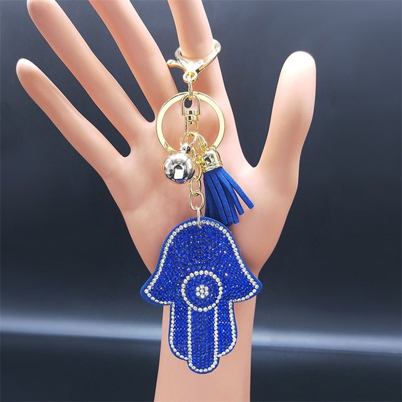 Blue Stone Studded Hamsa Hand with Evil Eye Keychain - Keychain