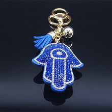 Load image into Gallery viewer, Blue Stone Studded Hamsa Hand with Evil Eye Keychain - Keychain

