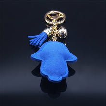 Load image into Gallery viewer, Blue Stone Studded Hamsa Hand with Evil Eye Keychain - Keychain
