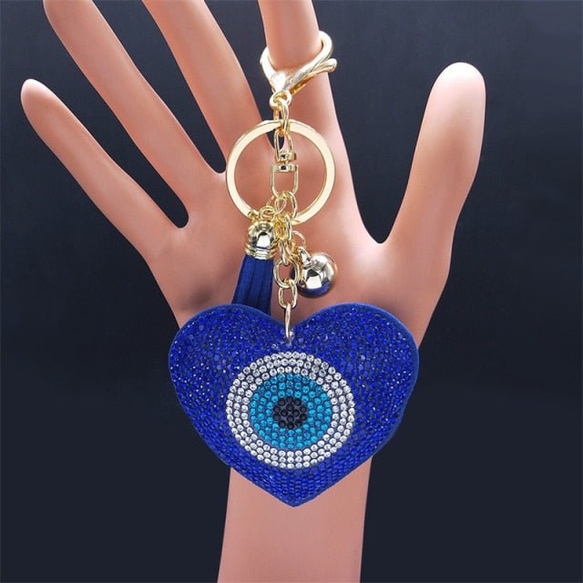 Blue Stone Studded Heart Shaped Evil Eye Keychain - KeychainBlue Heart