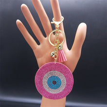 Load image into Gallery viewer, Blue Stone Studded Heart Shaped Evil Eye Keychain - KeychainPink
