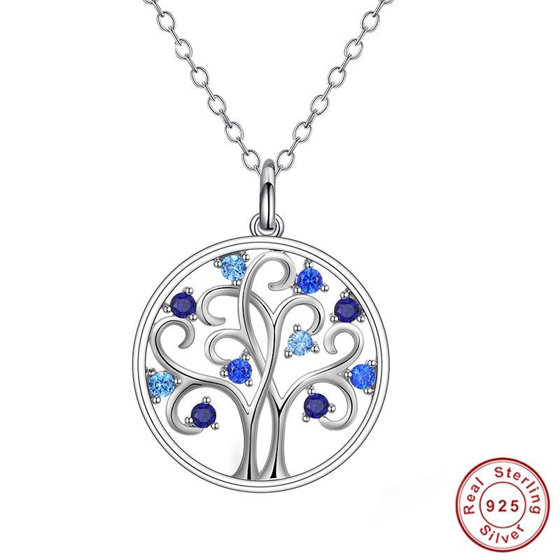 Blue Stone Studded Tree of Life Silver Necklace - Necklace