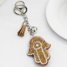 Load image into Gallery viewer, Brown Stone Studded Hamsa Hand with Evil Eye Keychain - Keychain
