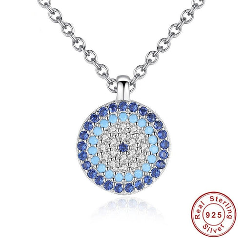 Circular Blue and White Stone Evil Eye Silver Necklace - Necklace