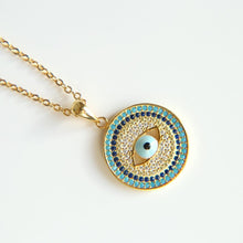Load image into Gallery viewer, Circular Blue and White Stone Eye-Design Evil Eye Silver Necklaces - NecklaceGold
