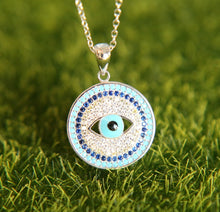 Load image into Gallery viewer, Circular Blue and White Stone Eye-Design Evil Eye Silver Necklaces - NecklaceSilver

