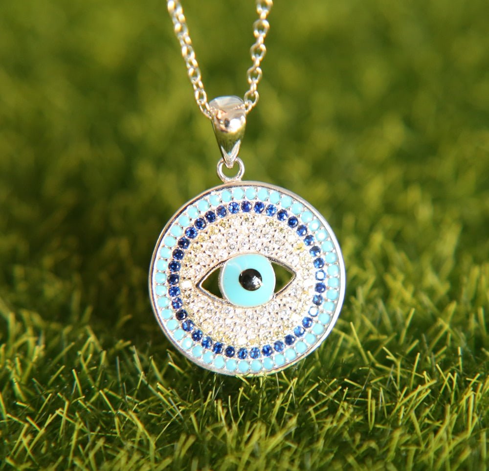 Circular Blue and White Stone Eye-Design Evil Eye Silver Necklaces - NecklaceSilver