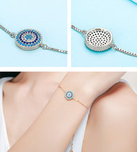 Load image into Gallery viewer, Circular Blue and White Stones Evil Eye Silver Bracelets - BraceletGold
