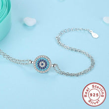 Load image into Gallery viewer, Circular Blue Stones Evil Eye Double Silver Chain Bracelet - Bracelet
