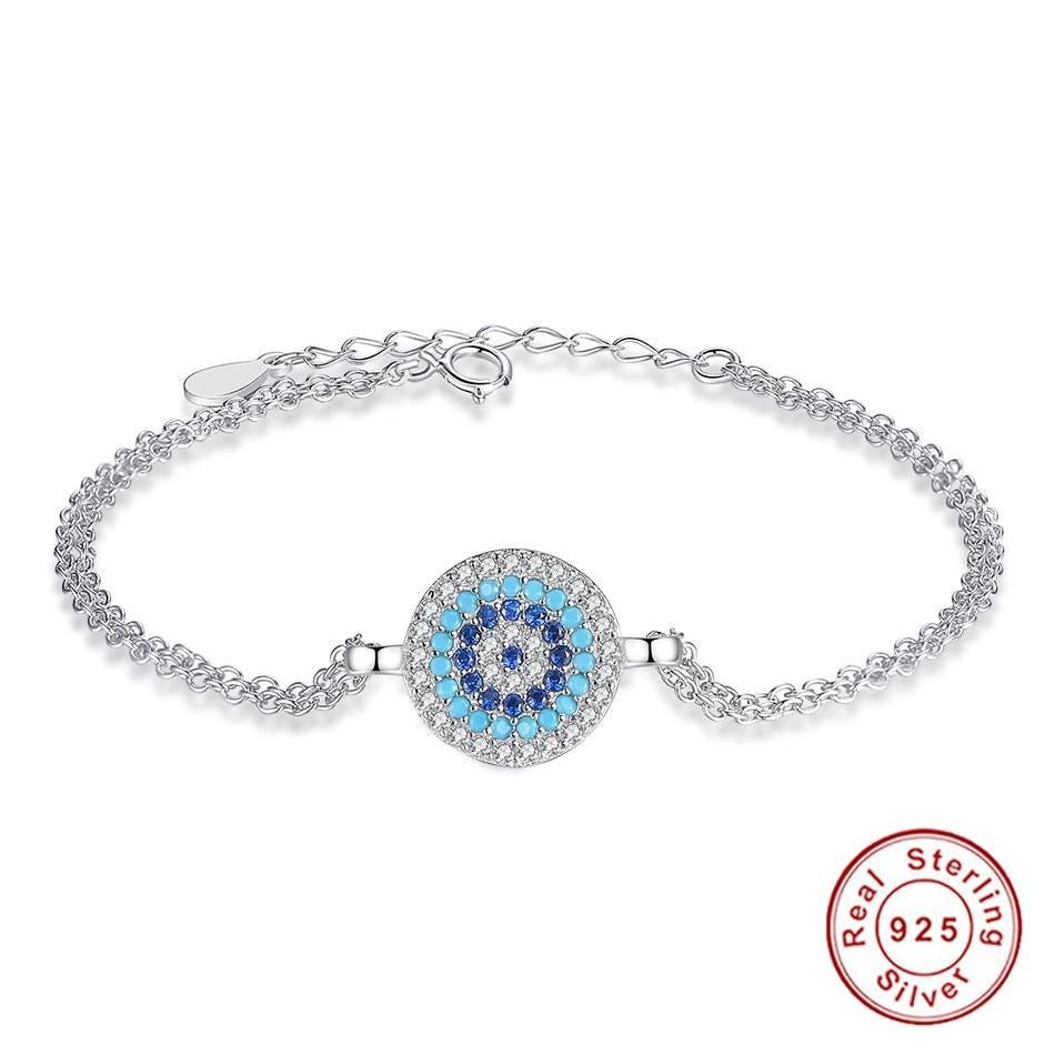 Circular Blue Stones Evil Eye Double Silver Chain Bracelet - Bracelet