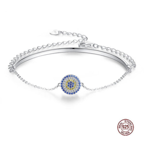 Circular Stone Mosaic Evil Eye Silver Half Bangle Bracelet - Bracelet