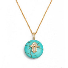 Load image into Gallery viewer, Circular Turquoise Stone Hamsa Hand Shape Evil Eye Pendant Necklace - Jewellery
