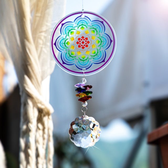Colorful Flower Mandala Wall Hanging with Single Large Suncatcher Crystal - Wall Hanging