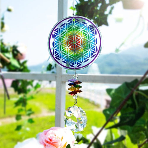 Colorful Flower Of Life Wall Hanging with Single Large Suncatcher Crystal - Wall Hanging