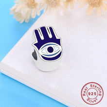 Load image into Gallery viewer, Deep Blue Evil Eye inside Hamsa Hand Silver Charm Bead - Charm Bead
