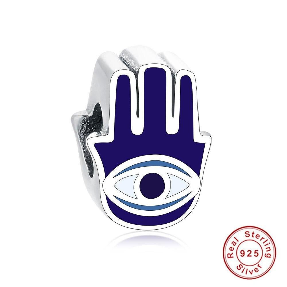 Deep Blue Evil Eye inside Hamsa Hand Silver Charm Bead - Charm Bead