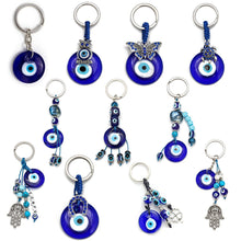 Load image into Gallery viewer, Deep Blue Evil Eye Keychains - 10 Designs - KeychainSingle Blue Evil Eye no Additional BeadsBlue
