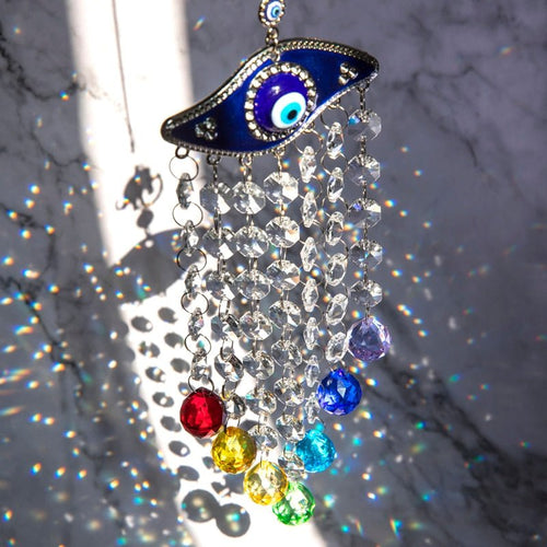 Deep Blue Evil Eye Wall Hanging with Suncatcher Crystals - Wall Hanging