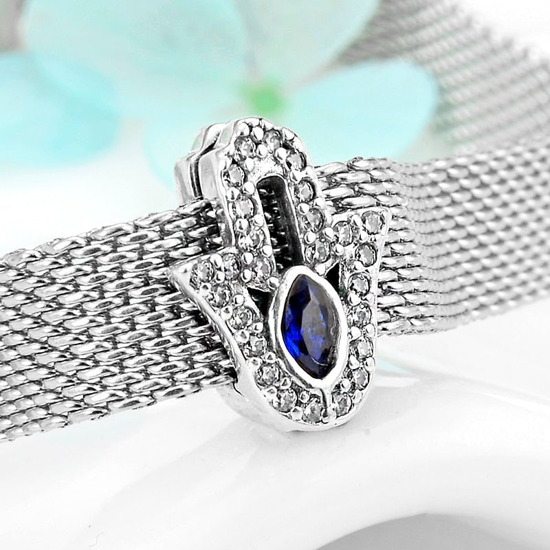Deep Blue Stone Hamsa Hand Silver Charm Bead - Charm Bead