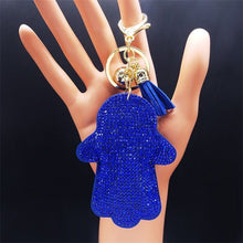 Load image into Gallery viewer, Deep Blue Stone Studded Hamsa Hand Keychain - Keychain
