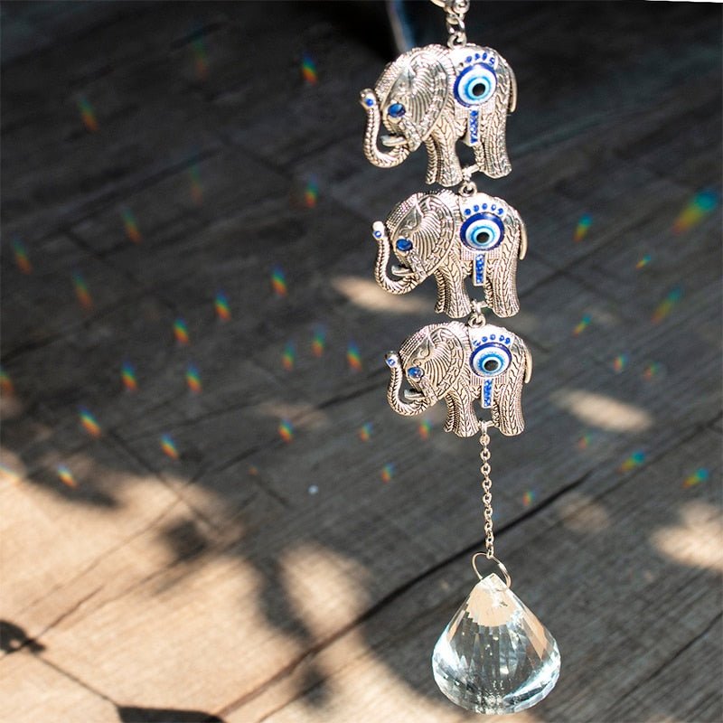 Elephants with Evil Eyes Wall Hanging with Single Large Suncatcher Crystal - Wall Hanging