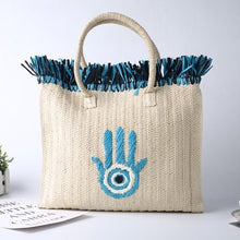 Load image into Gallery viewer, Embroidered Evil Eye and Hamsa Hand Tassel Weave Natural Straw Handbags - HandbagHamsa Hand
