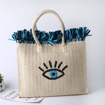 Embroidered Evil Eye and Hamsa Hand Tassel Weave Natural Straw Handbags - HandbagEvil Eye