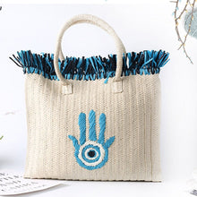 Load image into Gallery viewer, Embroidered Evil Eye and Hamsa Hand Tassel Weave Natural Straw Handbags - HandbagHamsa Hand
