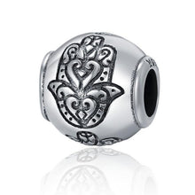 Load image into Gallery viewer, Engraved Spherical Hamsa Hand Silver Charm Bead - Charm Bead
