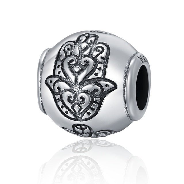 Engraved Spherical Hamsa Hand Silver Charm Bead - Charm Bead