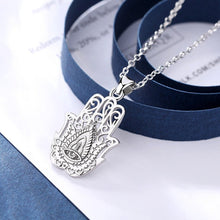 Load image into Gallery viewer, Evil Eye and Lotus Flower Engraved Hamsa Hand Silver Pendant and Necklace - NecklacePendant and Chain
