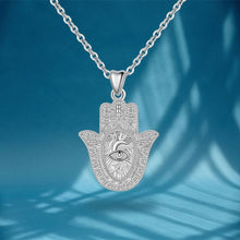 Load image into Gallery viewer, Evil Eye and Tree of Life Engraved Hamsa Hand Silver Pendant and Necklace - NecklacePendant and Chain
