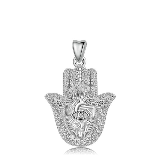 Evil Eye and Tree of Life Engraved Hamsa Hand Silver Pendant and Necklace - NecklaceOnly Pendant