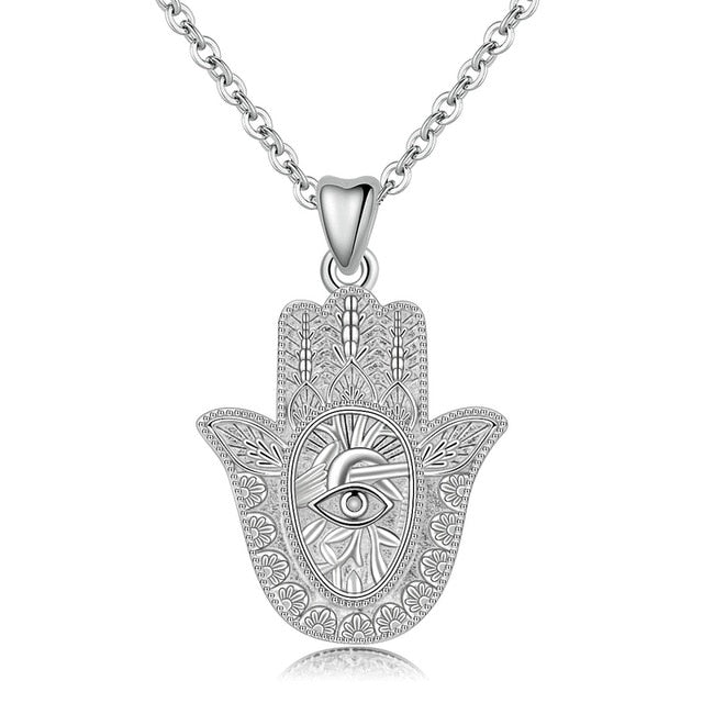 Evil Eye and Tree of Life Engraved Hamsa Hand Silver Pendant and Necklace - NecklacePendant and Chain